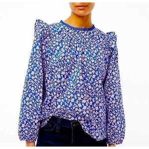 J. Crew Womens Ditsy Floral Peasant Blouse Cottagecore Sz XL Crochet Trim Ruffle